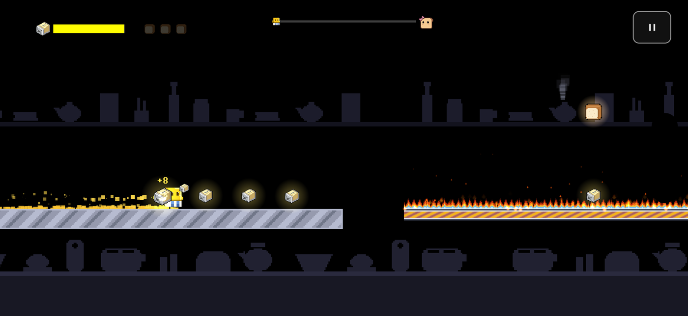 The butter cube running across a burning platform, melt bar in the corner