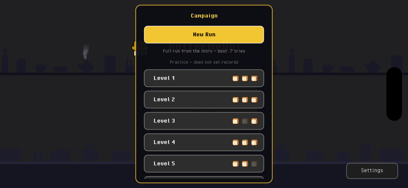 Level select screen showing unlocked levels and bread markers
